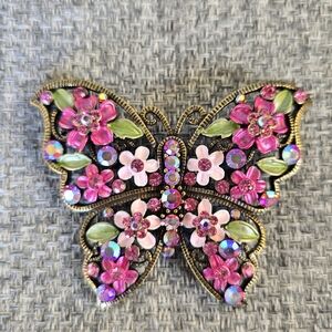 Floral Butterfly Brooch with Pink and Green Accents